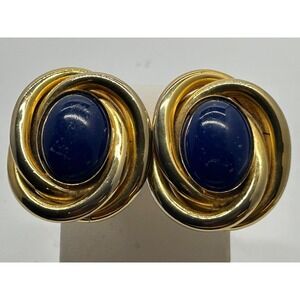Vtg LES BERNARD Huge Runway Clip EARRINGS Oval Blue Cabochon Set in Twisted Gold